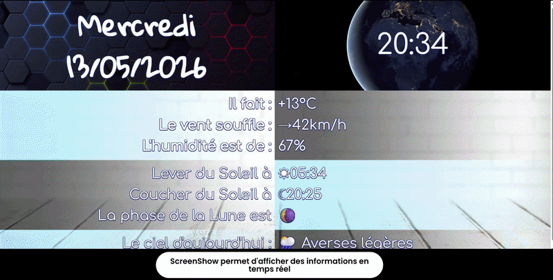 Démo Screenshow 16/9 Affichage dynamique 100% web Démonstration de l'interface d'affichage dynamique ScreenShow avec météo et éphémérides en temps réel