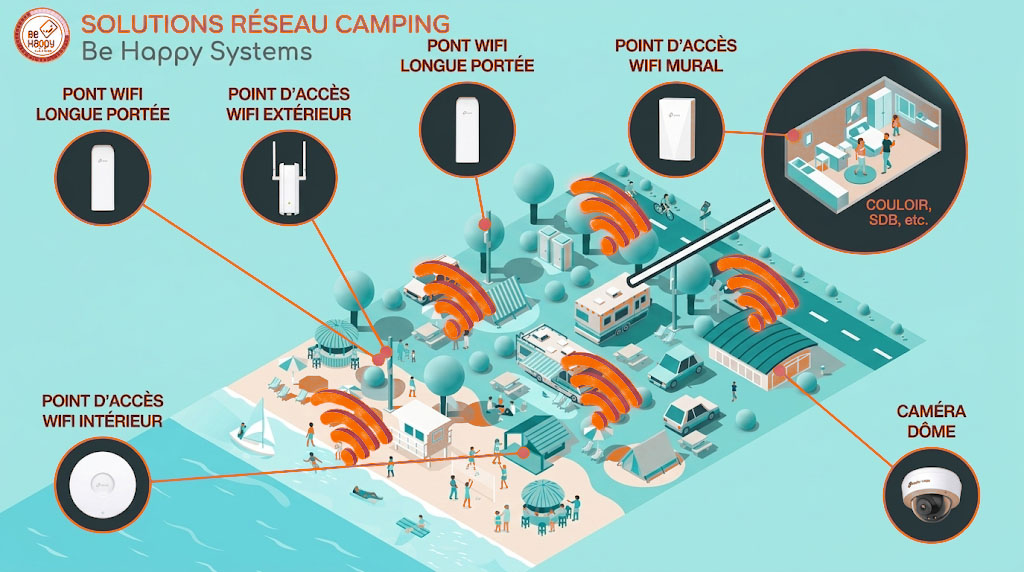 Plan d'ensemble d'une installation WiFi Be Happy Systems pour camping avec ponts radio, bornes extérieures, WiFi intérieur et caméras de vidéosurveillance.